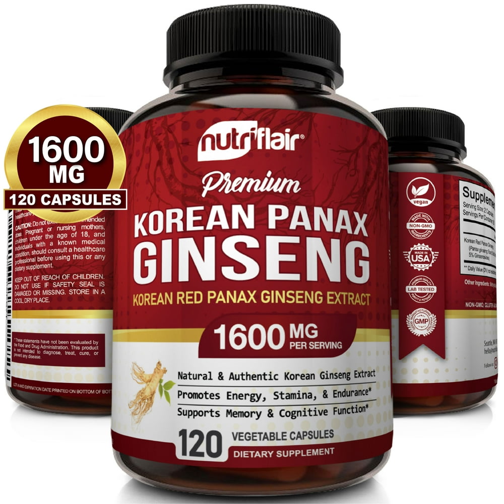 NutriFlair Korean Red Panax Ginseng 1600mg 120 Vegan Capsules High