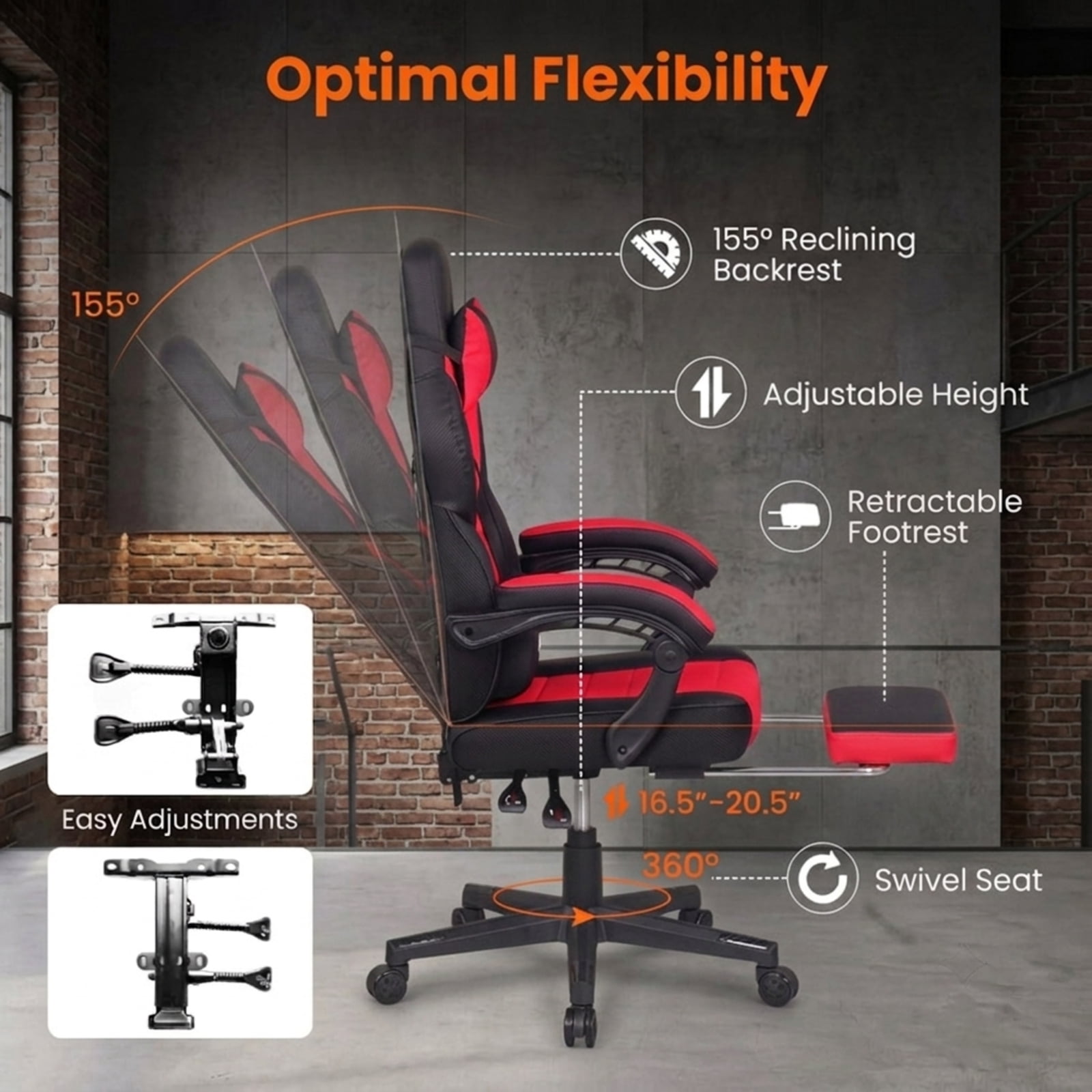 Furnibear Ergonomic Video Game Chair with Headrest Lumbar Support 155 Degree Recline Retractable Footrest and Swivel Metal Base for Home Office, Red