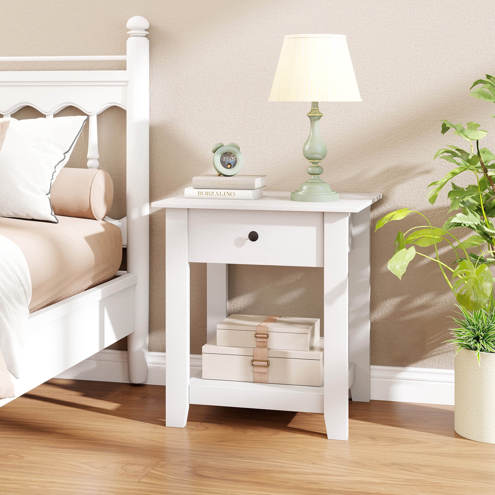 Costway 2 PCS Nightstand with Drawer 3-Tier Modern Bedside Table with Open Shelf Storage White