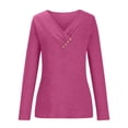 thumbnail image 4 of JGGSPWM Womens Solid T-shirts Long Sleeve Teen Ladies Pleated V Neck Button Decor Comfy Shirts Pullover Pink S, 4 of 9