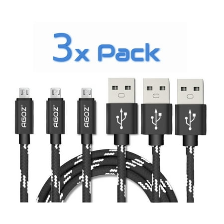 3 Pack 6ft Durable Heavy Duty AGOZ Braided Micro USB FAST Charging Charger Data Sync Cable Cord For LG Premier, K10, Treasure L51AL L52VL, G Vista H740, Tribute Royal, Journey, Xpression Plus