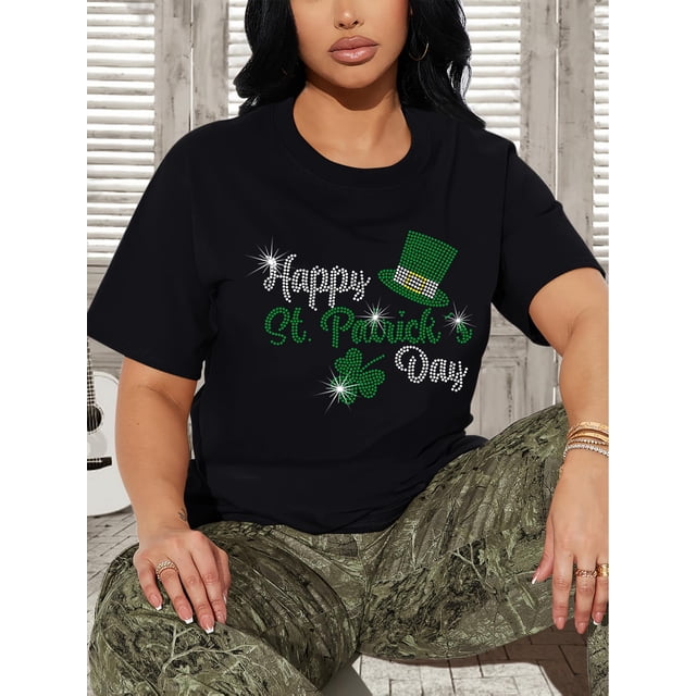Women'S St. Patrick'S Day Graphic T-Shirt, Polyester Blend, Casual Crew Neck Tee, with Green Rhinestone Hat & Clover Design, for Spring/Summer/Fall