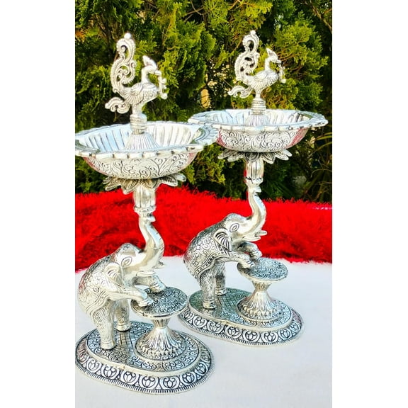Antique finish German silver big Size 14"-15" inch Elephant diya pair for housewarming/ varalakshmi/ diwali