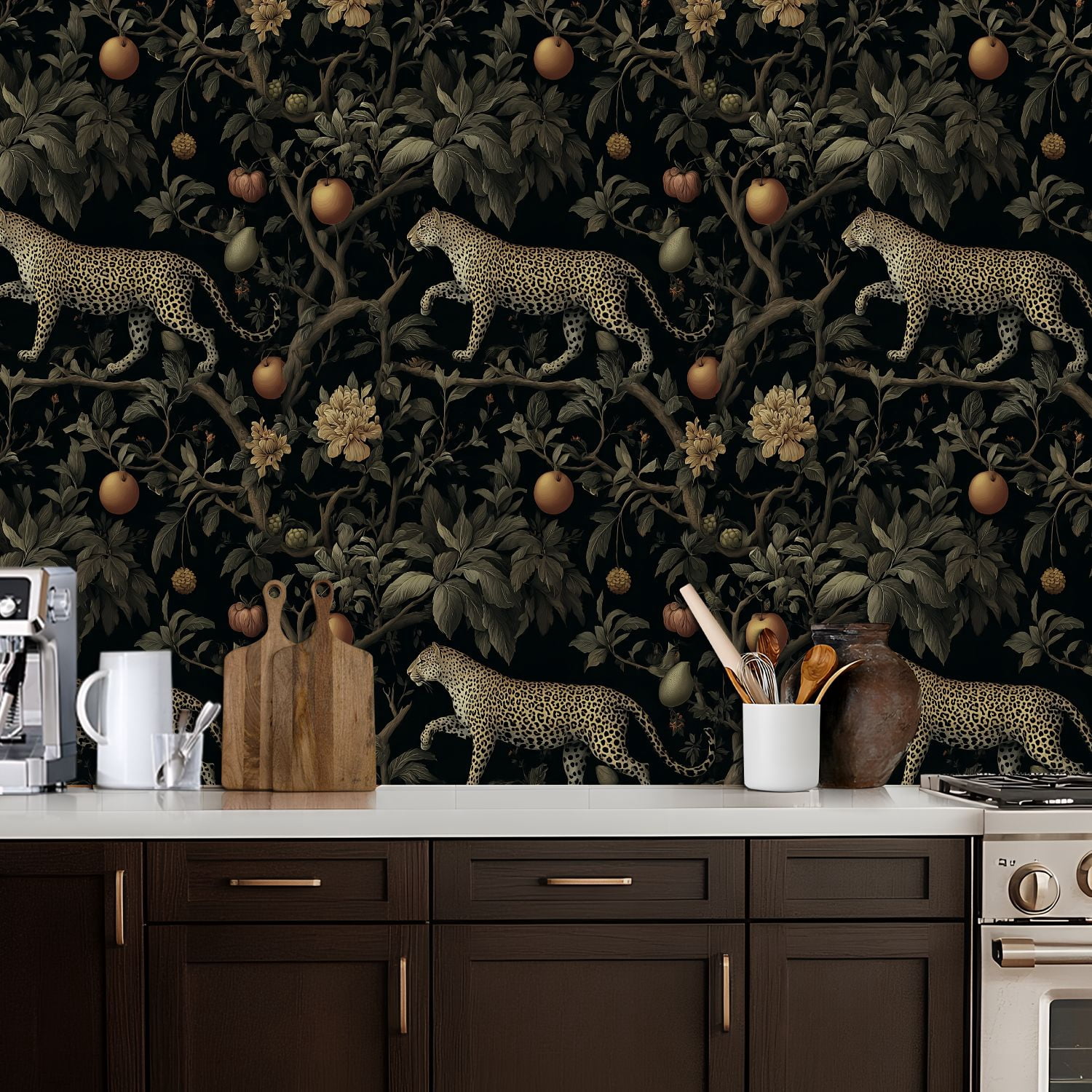 Peel and Stick Wallpaper Leopard Walking Among Fruits Flowers Botanical Garden Wall Mural 17.7in x 9.8ft Self Adhesive Removable Wall Paper Renter Friendly Wallpaper for Nursery Bedroom Cabinets