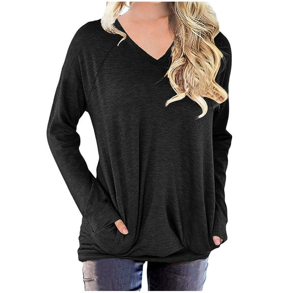 IROINNID Discount Women's Fall Tops Long Sleeve Oversized Base Shirts Solid Workout Pullover Casual Basic V-Neck Loose Fit Tops with Pocket,Black