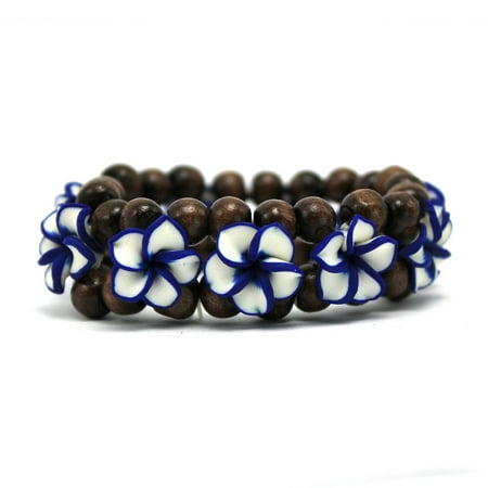 Wood Beads Shell Bracelets - Hawaii FIMO Vibrant Stretch Wood Bead Plumeria CZ Luau Bracelet in White with Blue Edge