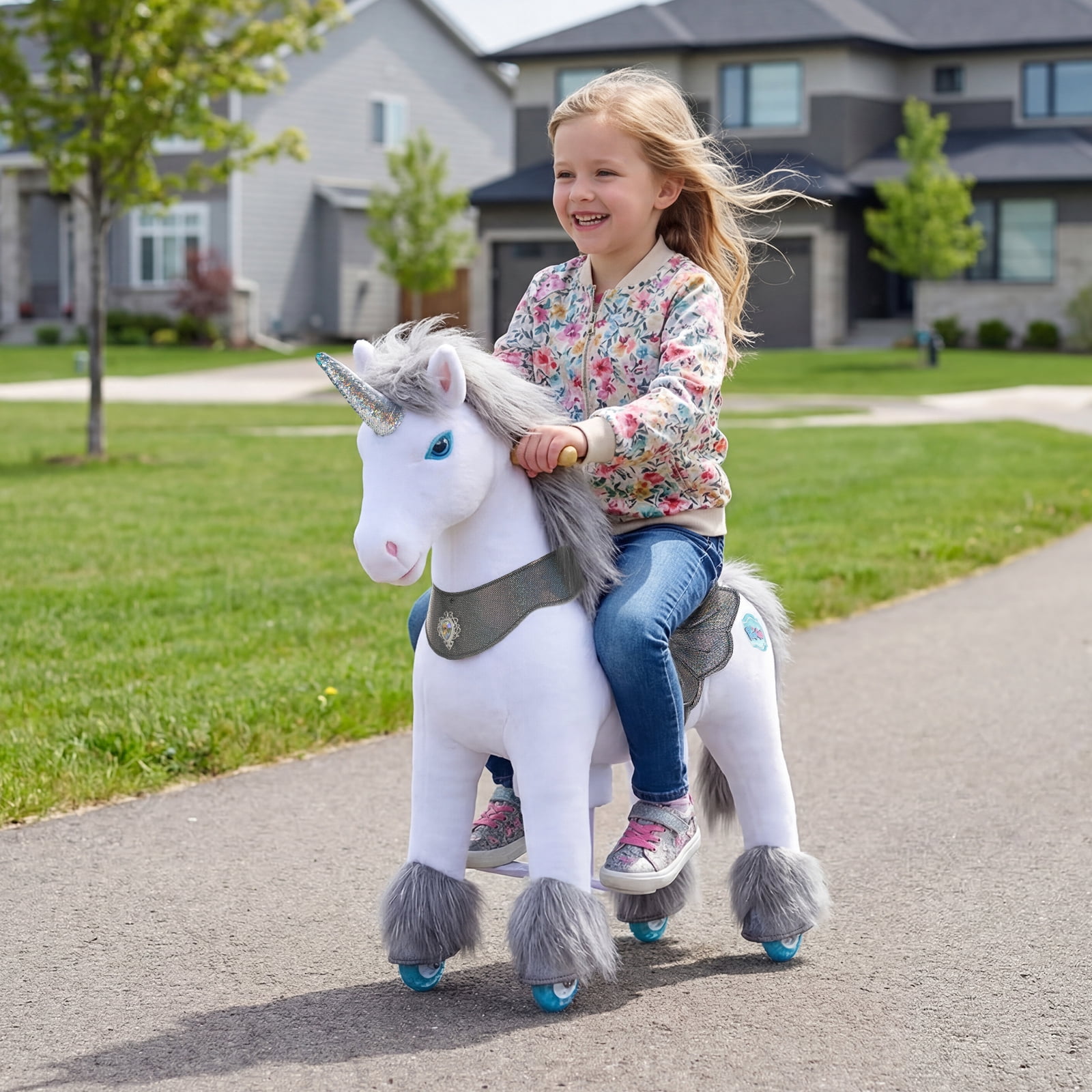 PonyCycle Interactive Unicorn Ride-On Toy, Touch Sound, Kid-Powered, Ages 4-7, Gray, Y456