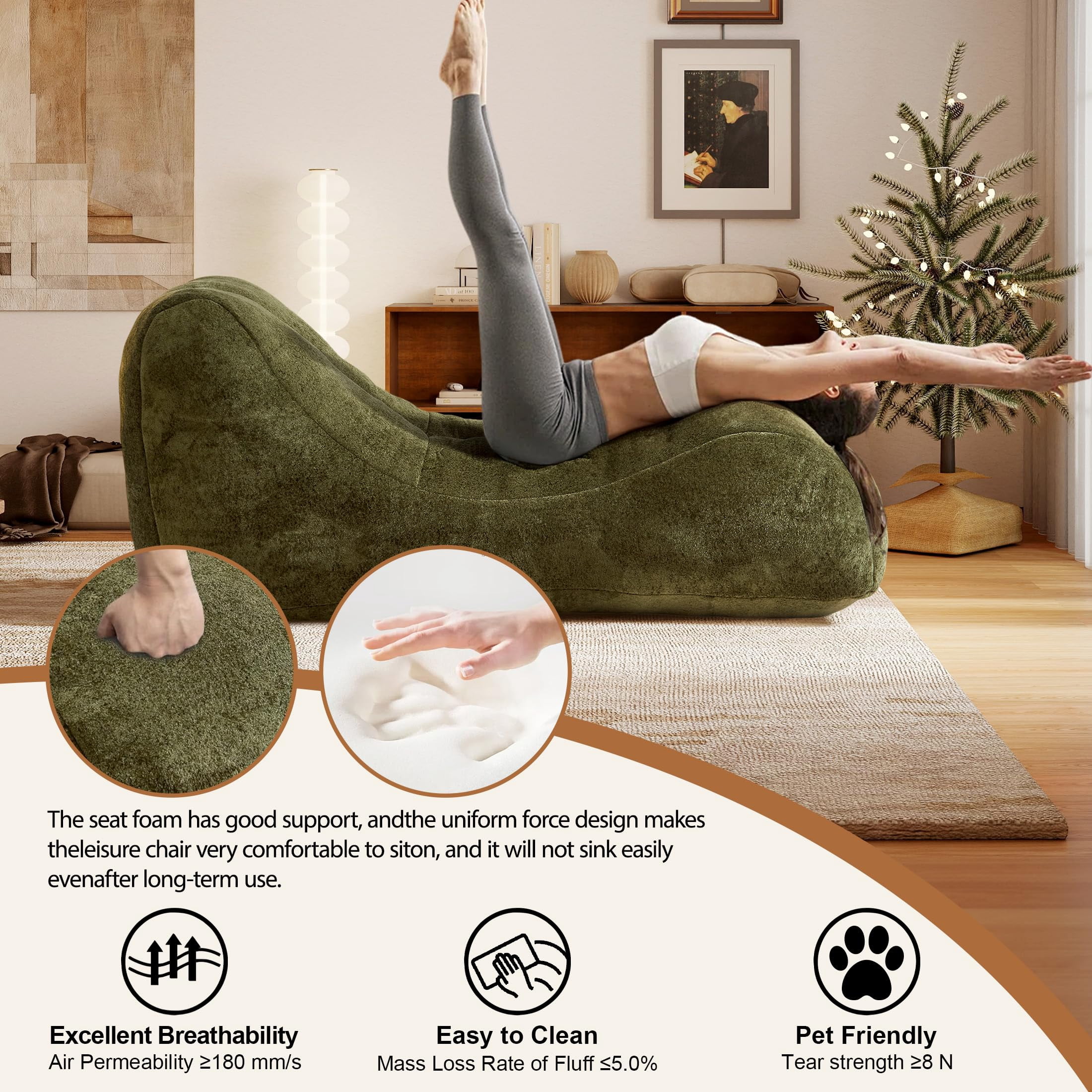 Aukfa Chaise Lounge, Bean Bag Sofa for Stretching, Relaxation, High Density Foam Recliner, Olive