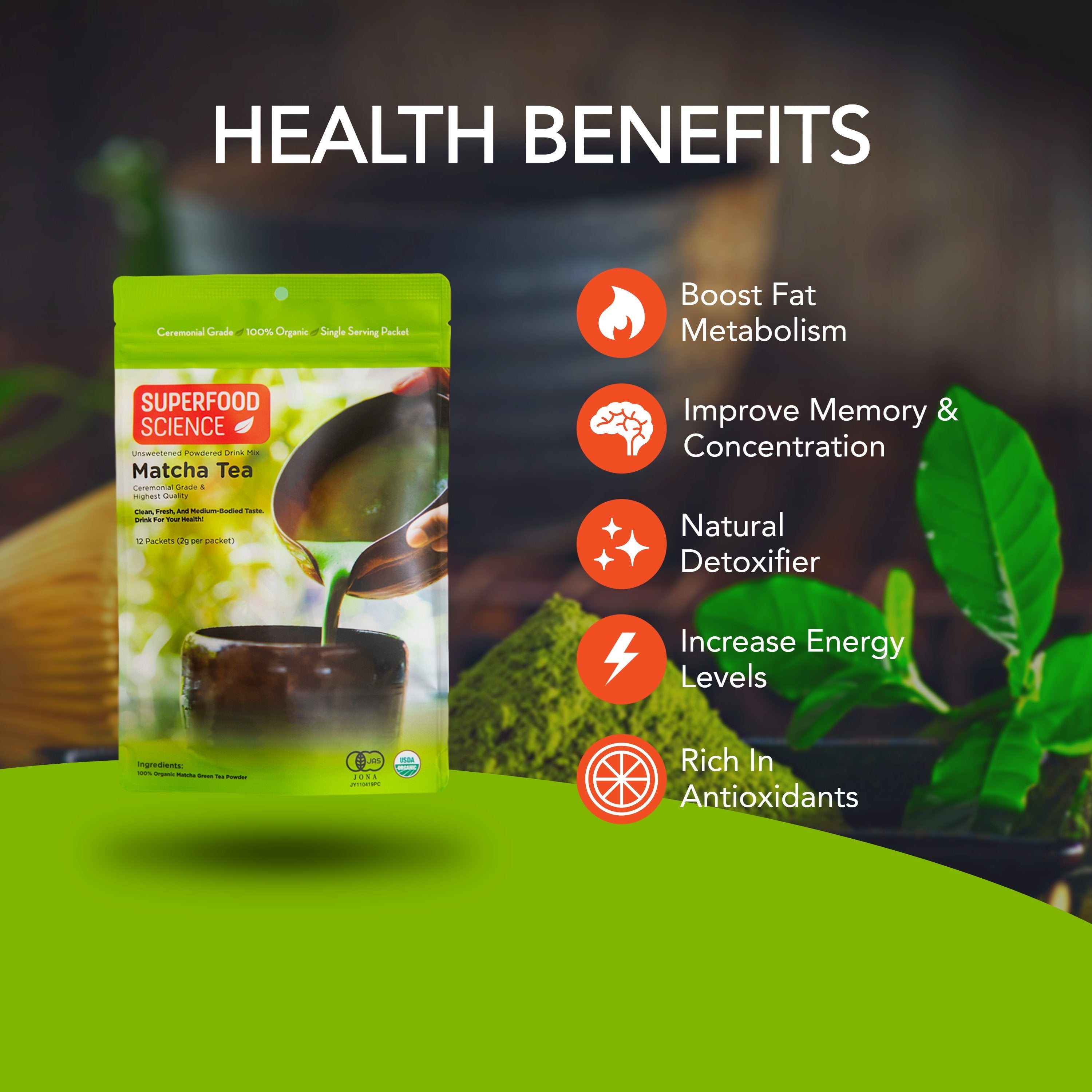 Superfood Science Ceremonial Grade Matcha Green Tea Powder, 2g x 12 Packets