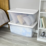 Sterilite 90 Quart Large Storage Bin, Clear Plastic Storage Container with Snap-On Lid, White