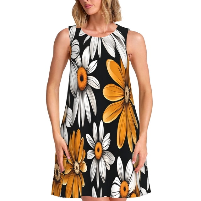 Fotbe Yellow White Daisy Pattern Vestido de Verano sin Mangas para Mujer – Vestido Midi Línea A, Estilo Camiseta Floral, Vestido Playero Casual y Fluido