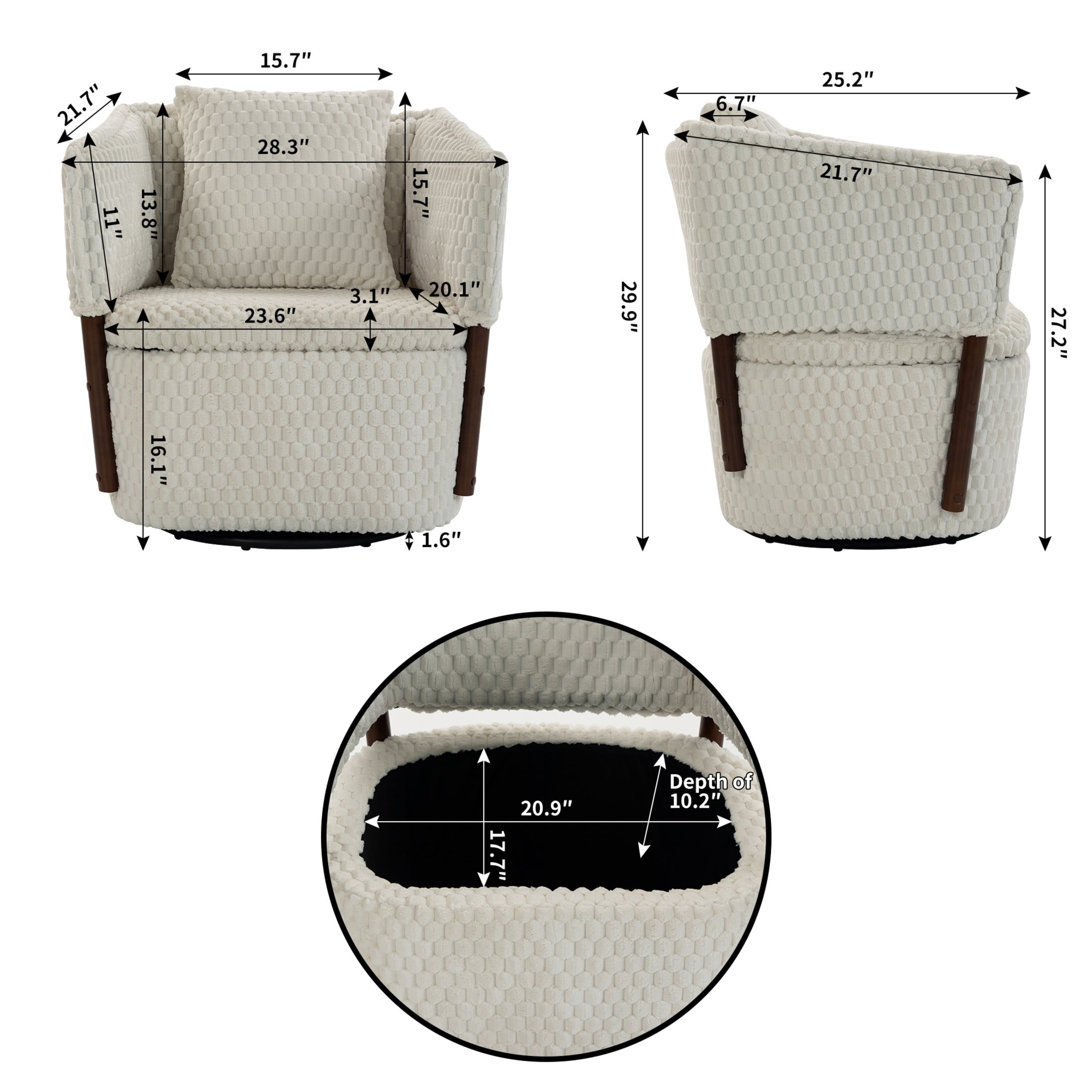 GDF Studio Derwin Mid-Century Modern 360° Swivel Accent Chair with Storage, Reading Armchair for Living Room, Antique White