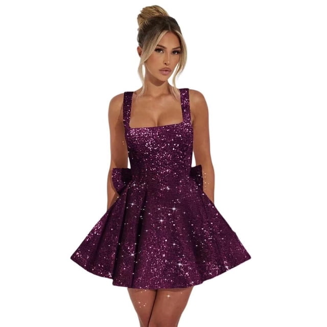 Vestido de bienvenida Dessiny, talla grande, ciruela, brillante, tirantes finos