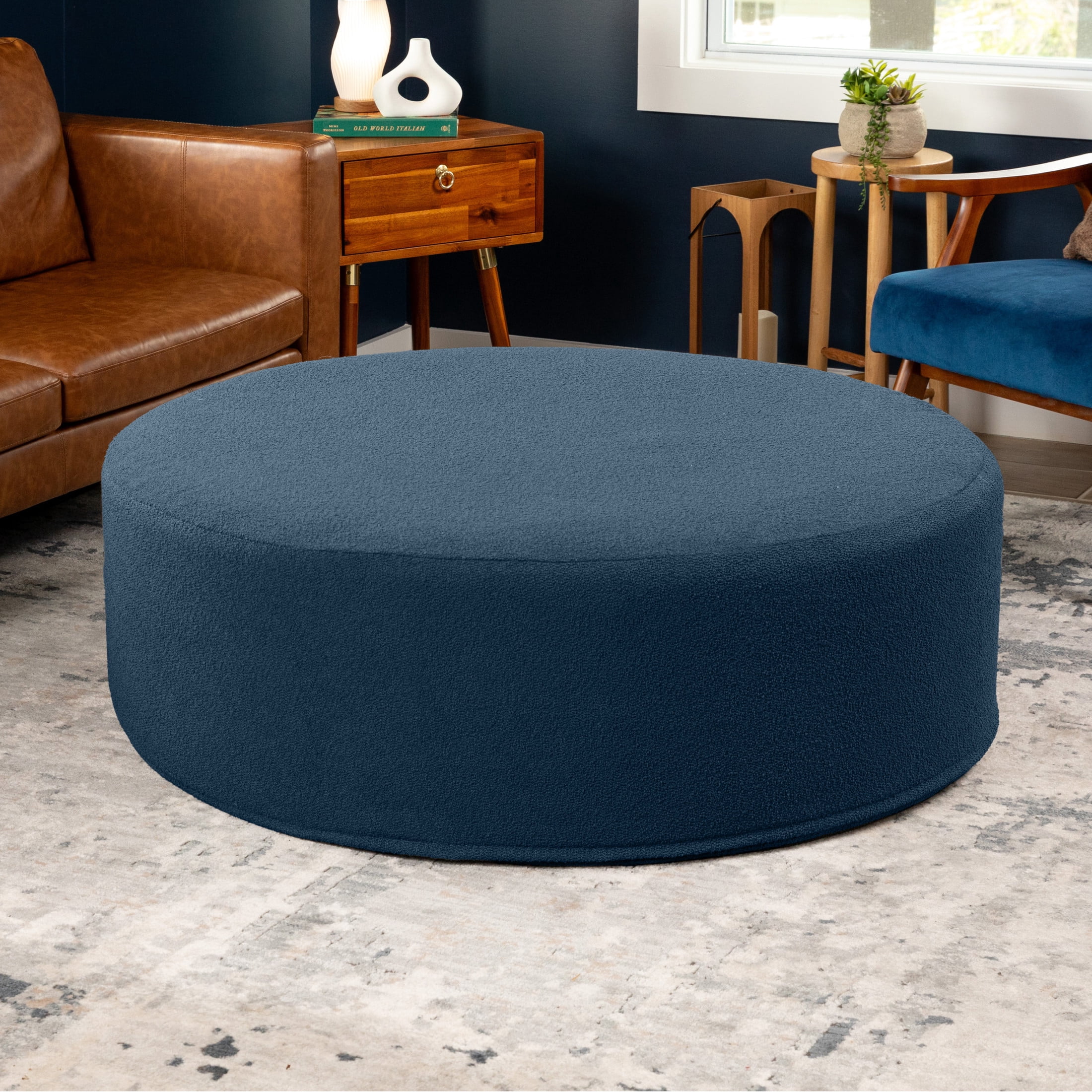 Jaxx Candler Round Coffee Table Ottoman, Oversized, 44-Inch, Boucle Dark Navy