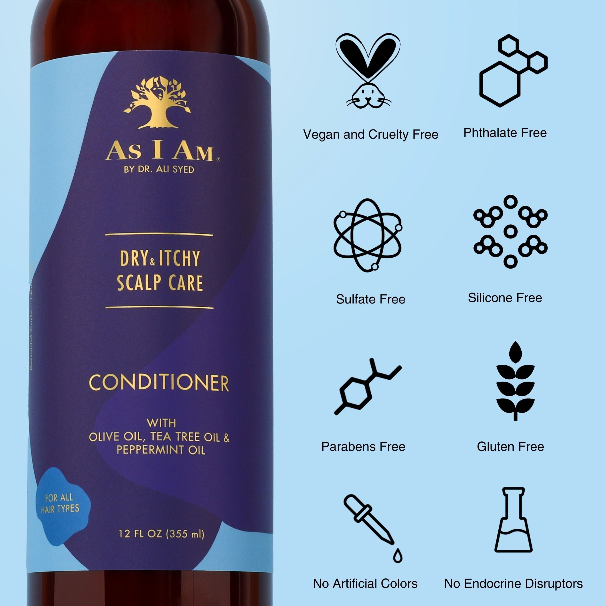 (6 pack) As I Am Dry & Itchy Scalp Care Conditioner for Dry Scalp Flakes and Moisture Balance 12 fl.oz. With Olive Oil, Tea Tree Oil & Peppermint Oil