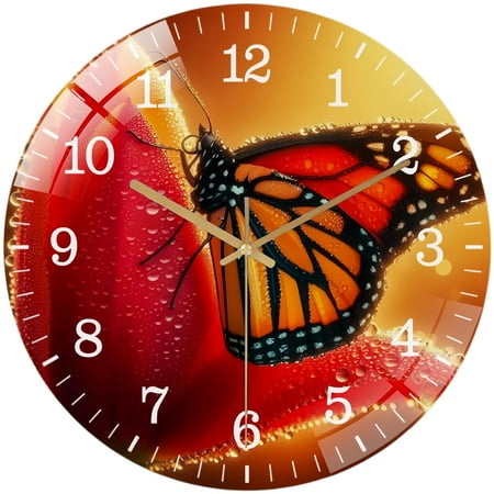 Decorative Clocks: Monarch Butterfly on Tulip Glass Wall Clock ,Flower Home Decor Wall Clock for