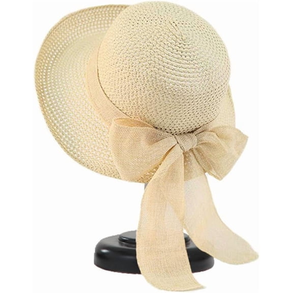 Women Straw Sun Hats Wide Brim Ribbons Roll Up Bucket UPF 50 Foldable Floppy Sun Hat with Strap UV Protection Summer Beach
