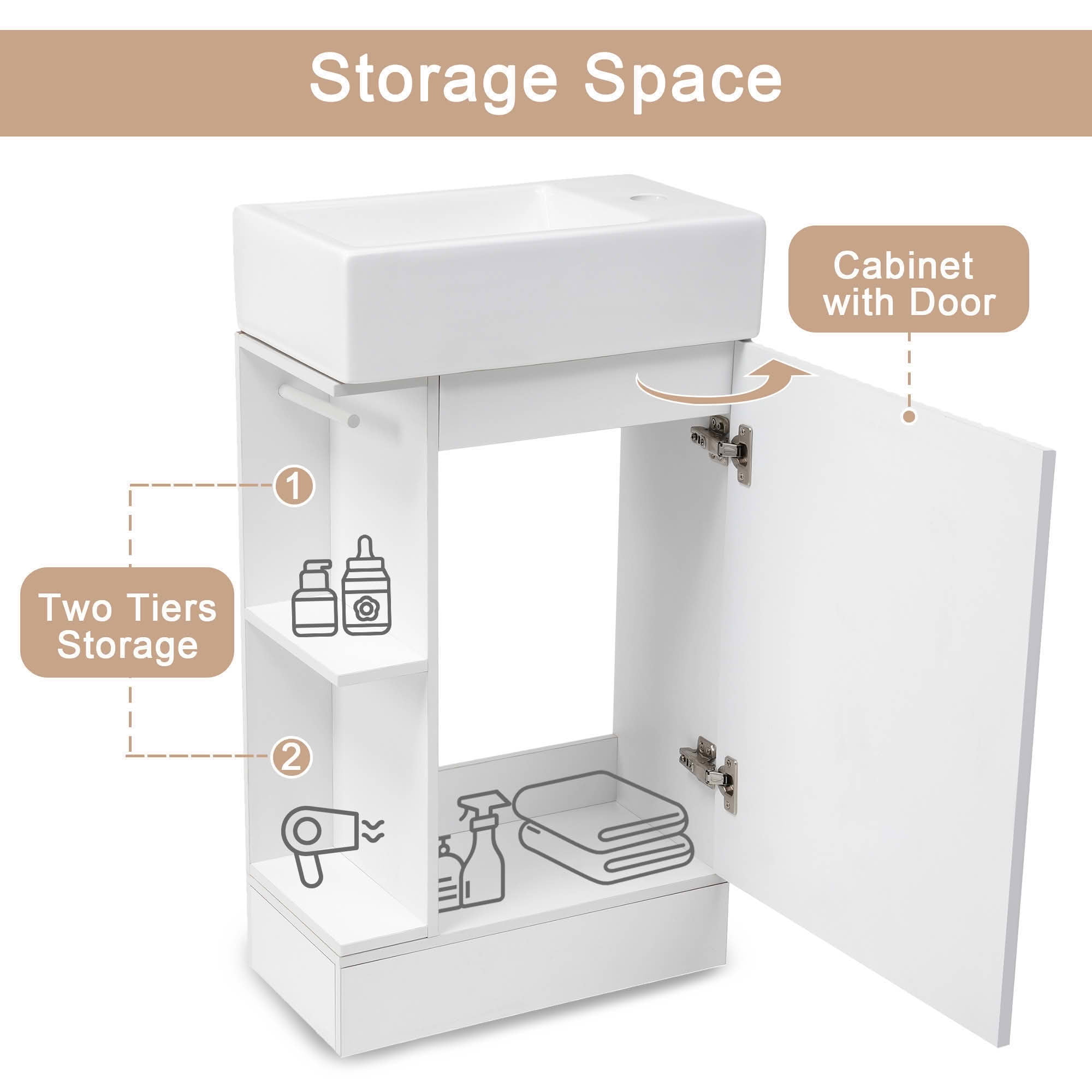 MAYEERTY 18.6" Bathroom Vanity with Sink 2-tier Shelf Left Right Orientation White