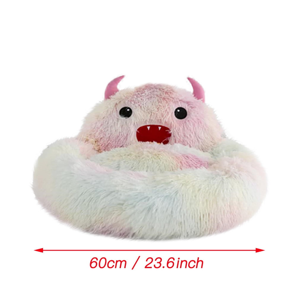 PureCasa Semi-Enclosed Cute Dog Cat Bed for Fall Winter, Comfortable Long Plush Fluffy Pet Pad House Thermal Kennel, Creative Sleeping Cushion Pads for Small Cats Dogs, Round, 1 Pack, L, Multicolor