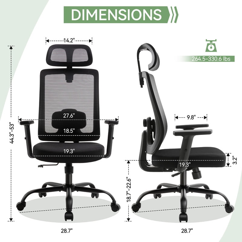 Walsunny Ergonomic Mesh Office Chair with Adjustable Headrest, Breathable High Back Mesh Computer Desk Chair with 360°Swivel Rolling Wheels, suitable for Home Office Workspace, Black