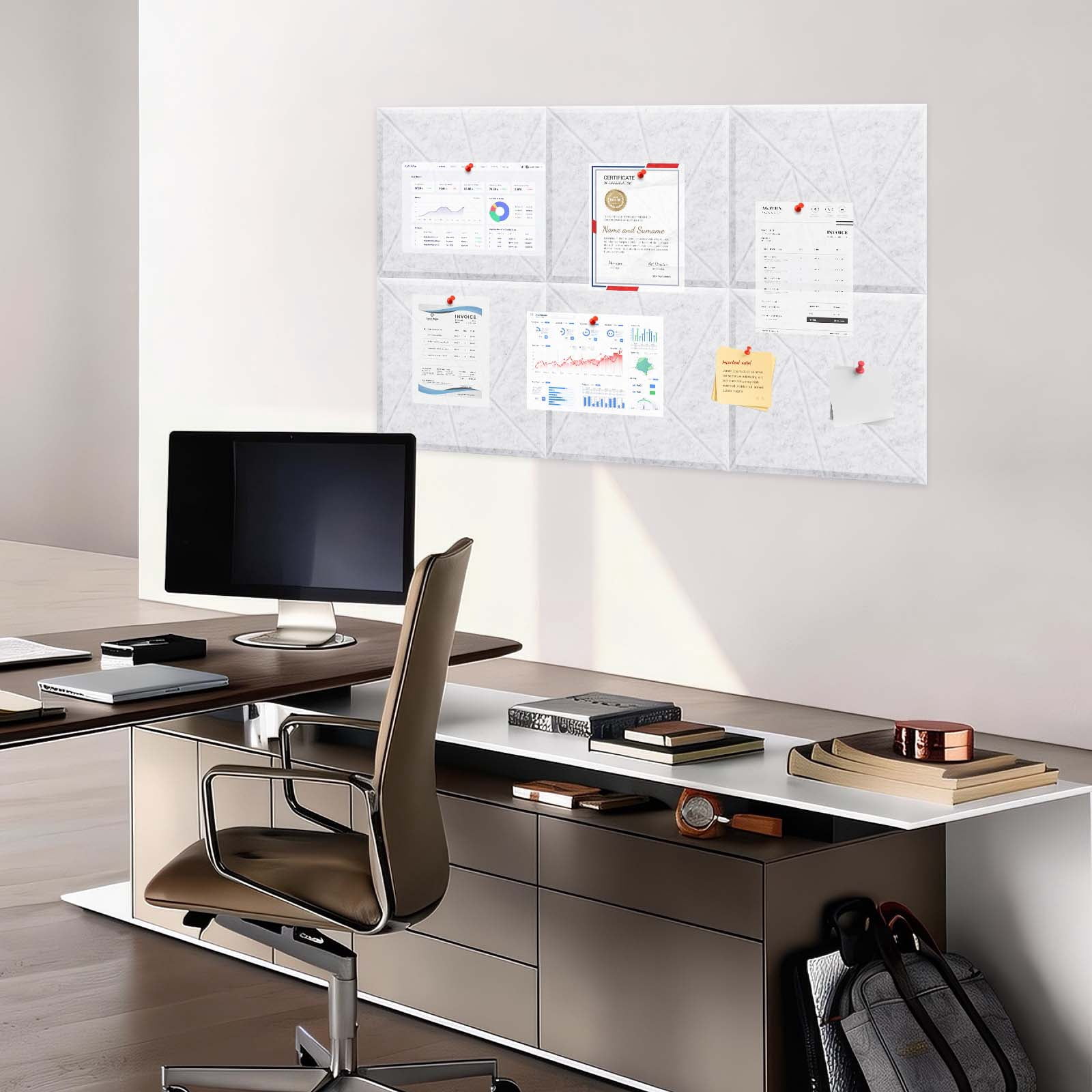 Large Cork Board 36"" x 24"" Alternative - 6 Pack Felt Wall Tiles with 50 Safe Removable Adhesive Tabs, 30 Pushpins, Cork Boards for Walls Pin Board Bulletin Board Office Decor (Light grey)