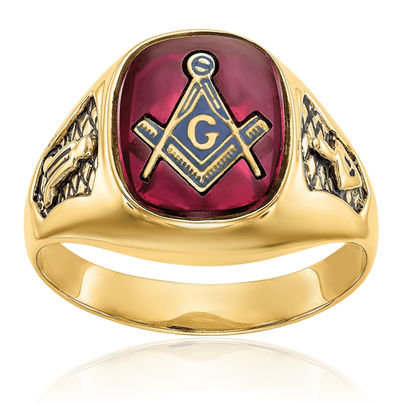 10K Solid Yellow Gold Mens Black Lab Red Ruby Master Mason Signet Freemason Masonic Ring