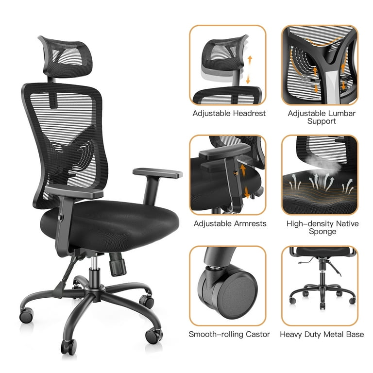 SIHOO Ergonomic High Back Office Chair, Mesh Desk Chair with Adjustable  Headrest and Lumbar Support for Big and Tall People Black
