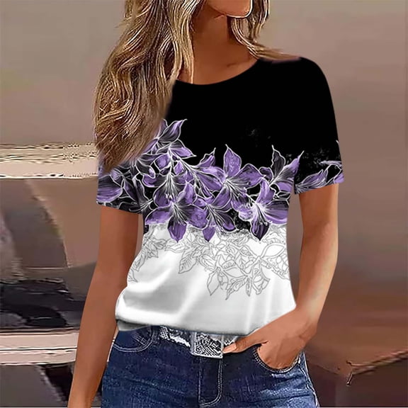 Yotami Women's Plus Size Casual Top Floral Print Summer Tops for Weekend Short Sleeve Round Neck Comfortable T-Shirt Purple XXL