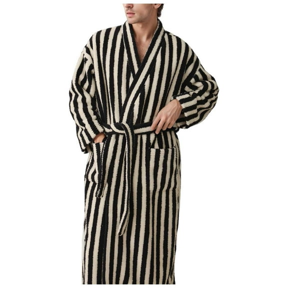 VNKIDY Men's Loungewear Solid Color Long Sleeve V Neck Striped Robes Belted Pockets Soft Loungewear For Casual Daily Home Relaxation Activities Classic Homewear