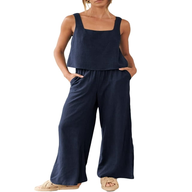 Femmes 2 Piece Outfits Col Carré Coton Débardeur Crop Top Jambe Large Pantalon Correspondant Lounge Set Survêtement Poches