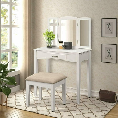 Harper&Bright Designs 3 Mirror Dressing Desk Makeup Table Wood Vanity Set with
