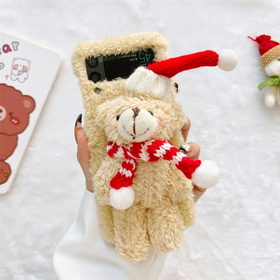 Tarise Plush Christmas Cover Case for Samsung Galaxy Z Flip 3 5G, Cute Fuzzy Fluffy Plush Winter Warm Case for Girls Women Kids, Shockproof Protective Case Cover for Samsung Z Flip 3 6.7", Beige