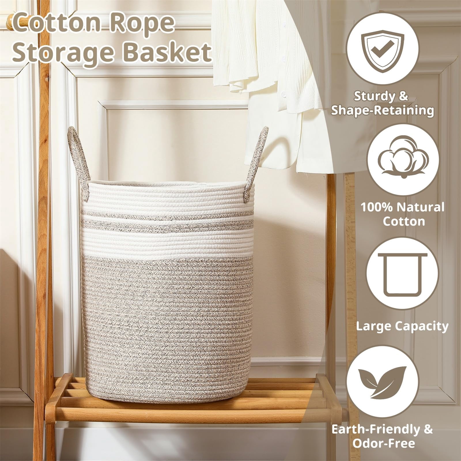 60L Large Woven Laundry Basket Hamper, 100% Natural Cotton Rope, Handwoven & Durable, Storage for Blankets, Toys, Clothes, Nursery Hamper for Living Room, Baby Room, Bedroom (Brown and White)