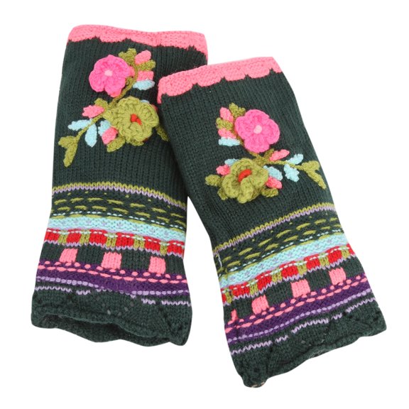 qolati Hand Embroidered Gloves Women Knitted Floral Arm Warmer Fingerless Gloves Winter Warm Half Finger Thumbhole Stretchy Mittens