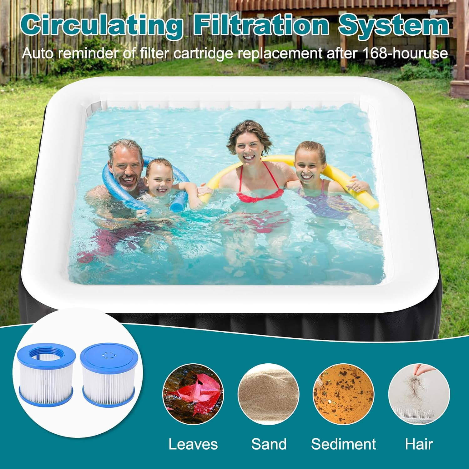 73" X 73" X 25" Inflatable Hot Tub for 4-6 Person Square, 240 Gallon Large Portable Hottub Spa with 130 Bubble Air Jets, Blow Up Spa Bathtub with LED Control Panel, 2 Filter, Temperature up to 104°F