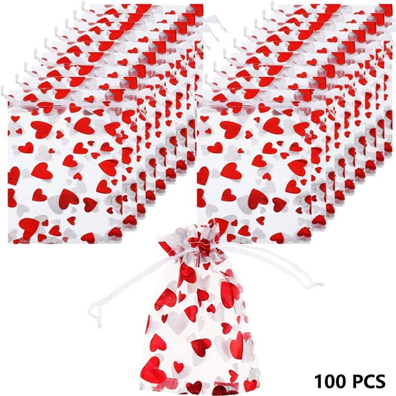  100Pcs Organza Gift Bags Red Heart Pattern Candy Bags Jewelry Pouches Drawstring Bags for Jewelry Packaging Valentine's Day Wedding Festival Party Supply 3.15" x 3.94"