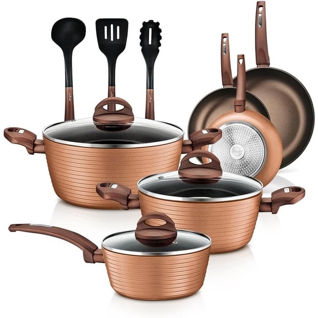 NestBright Induction Pots & Pans, Ceramic Cookware Set, Non Stick, Scratch-Resistant Heat-Safe Handles & Easy-to-Clean,11 Pc Brown