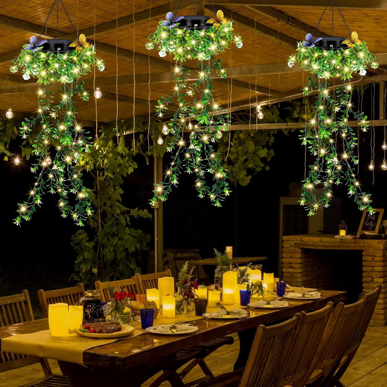 Solar Hanging Garden Lights, IP65 Waterproof Outdoor Hanging Artificial Plants Garden Lights with Artificial Ivy Flower Fairy String Lights for Patio Porch Balcony Spring Garden Decor (2PCS)