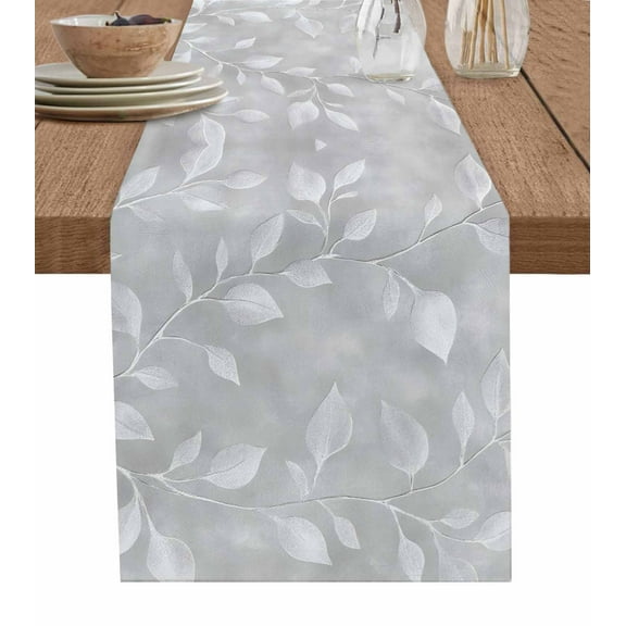 Silver Gray Leaves Table Runner Modern Abstract Botanical Branches Tablerunners 13 x 90 Inch, Table Decorations Tabletop Scarf for Summer Gathering Holiday Farmhouse Kitchen Dining Decor