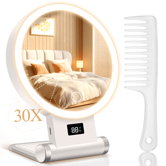 30X/1X Magnifying Mirror with Light, 2000mAh Rechargeable with Battery Display, 3-in-1 Design: Height-Increasing Upright/Foldable/Hangable, Double-Sided with 3 Color Modes, Perfect for Women