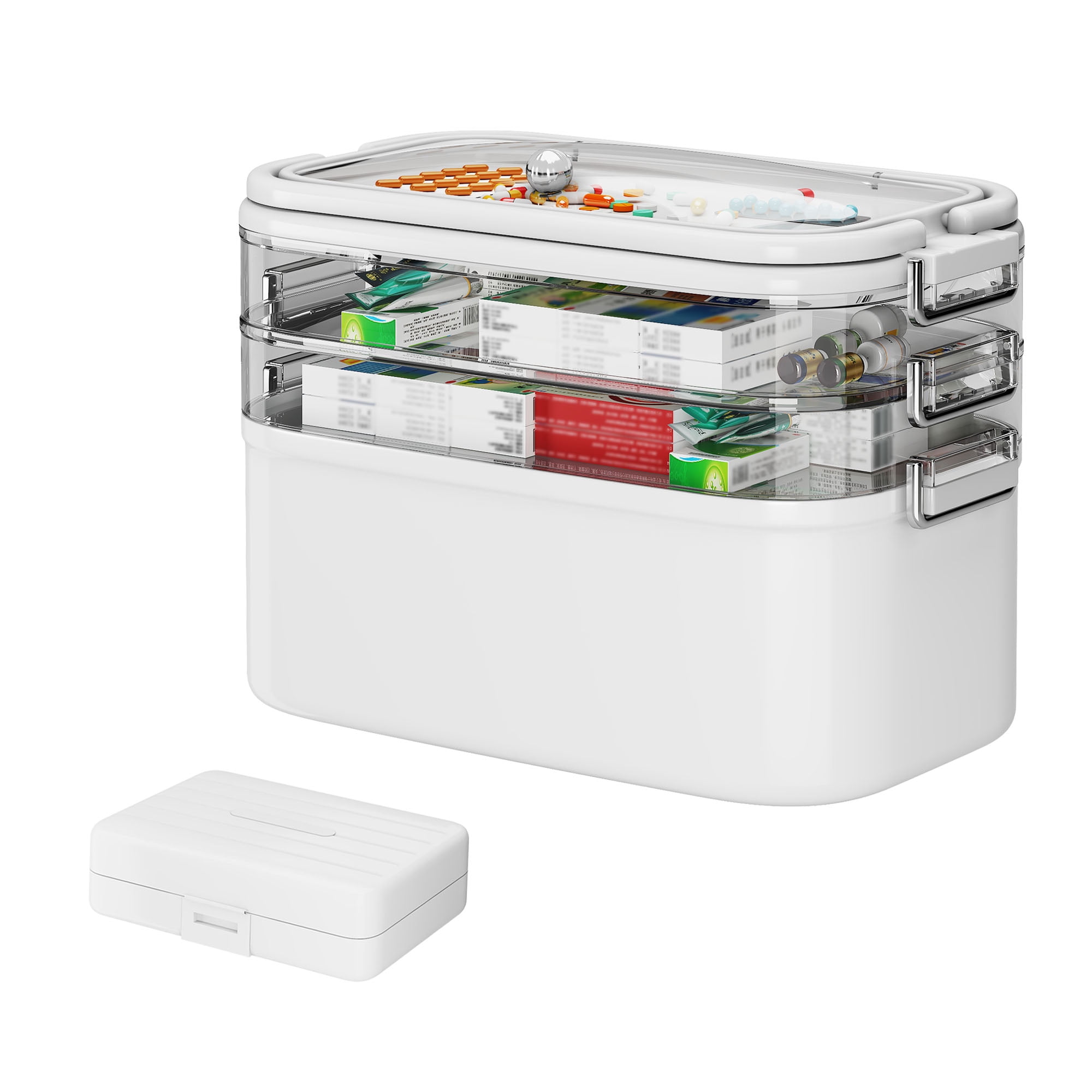NiHome Home & Travel 4-Tier Medicine Storage Box with Portable Pill Case, Durable Adjustable Compartments, Moisture-Resistant Lid, Secure Handles for Pill Organization, Vitamins, Supplements (White)