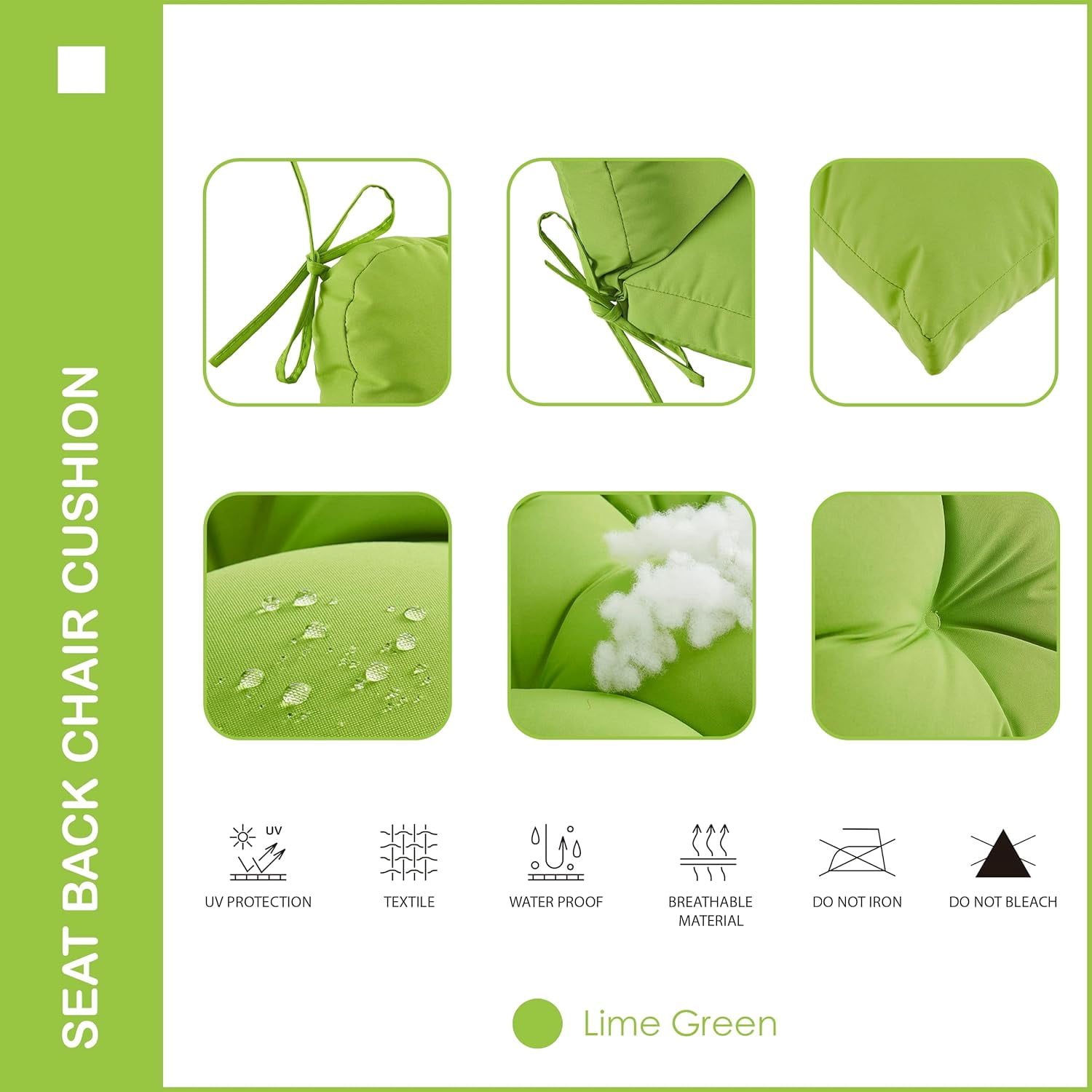 Outdoor Indoor Seat/Back Chair Tufted Cushion,All-Weather Patio Chair Cushion with Ties,for Patio Furniture,Lime Green