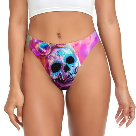 Qokaie Neon Skull With Milkshake Printed Women s Cotton Thong Underwear  Sexy Breathable Panties G-string-Medium