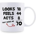 thumbnail image 2 of Funny 70th Birthday Gifts for Women Men - Looks 18 Feels 44 Acts 8 That Makes Me 70 Mug - 70 Year Old Present Ideas for Mom, Wife, Sisters, Grandma, Her, Friends, Coworkers - 11 oz Coffee Mug, 2 of 6