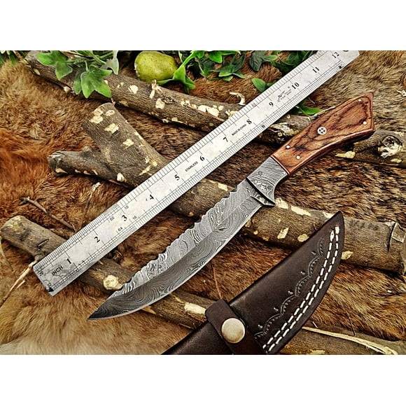 11" Long hand forged Damascus steel full tang clip point blade skinning Knife, Natural Rose wood with Brass bolster, Cow Leather sheath