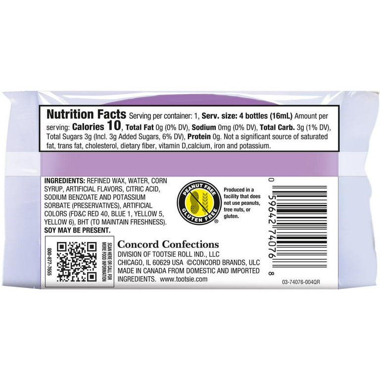 Nik-L-Nip Mini Drinks Wax Bottles 4-Pack, 1.39 oz. Peanut Free
