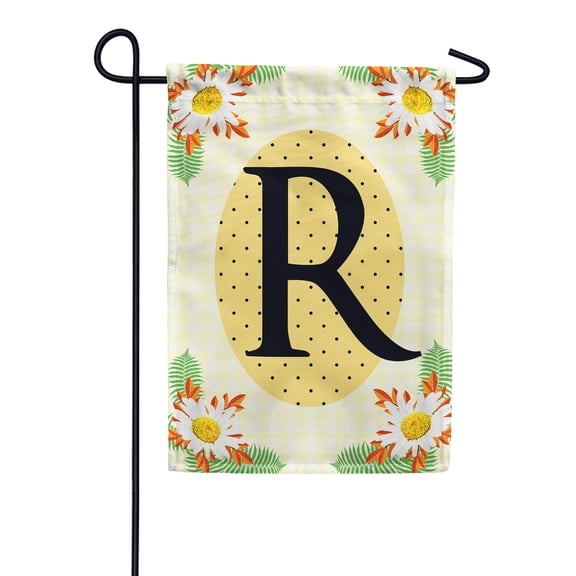 America Forever Spring Monogram Garden Flag Letter R 12.5 x 18 inches Double Sided Vertical Outdoor, Yard, Lawn, Beautiful Bright Summer Flowers, Daisies, White Flowers, Polka Dots Garden Flag