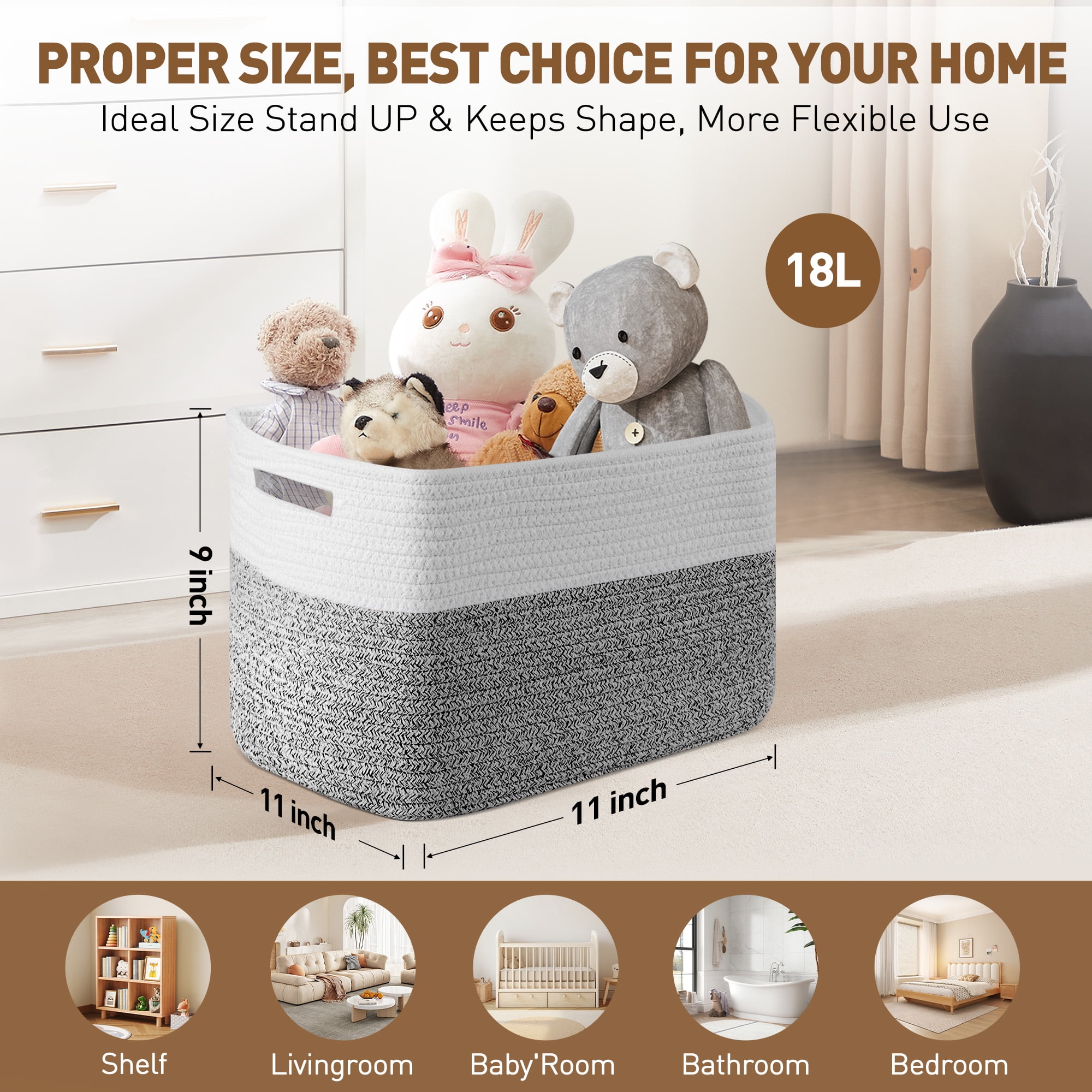 3 Pack Storage Basket, 11"x11"x9" (18L) Rectangle Woven Baskets for Storage, Cotton Rope Basket for toys, Towel Baskets, Closet Organizer Bins Shelves Organizer, Decorative Basket(Gray& White)