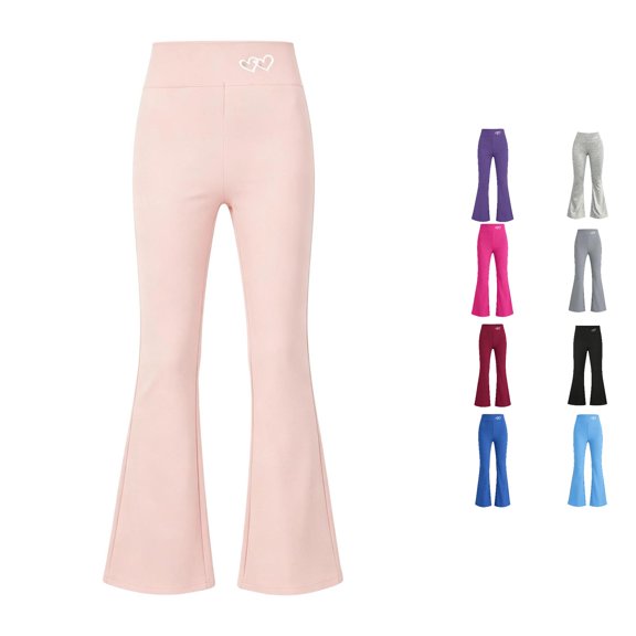 OSOLU Girls Pants Flared Leg Elastic Waist Heart Print Versatile Casual Daily Trousers Pink