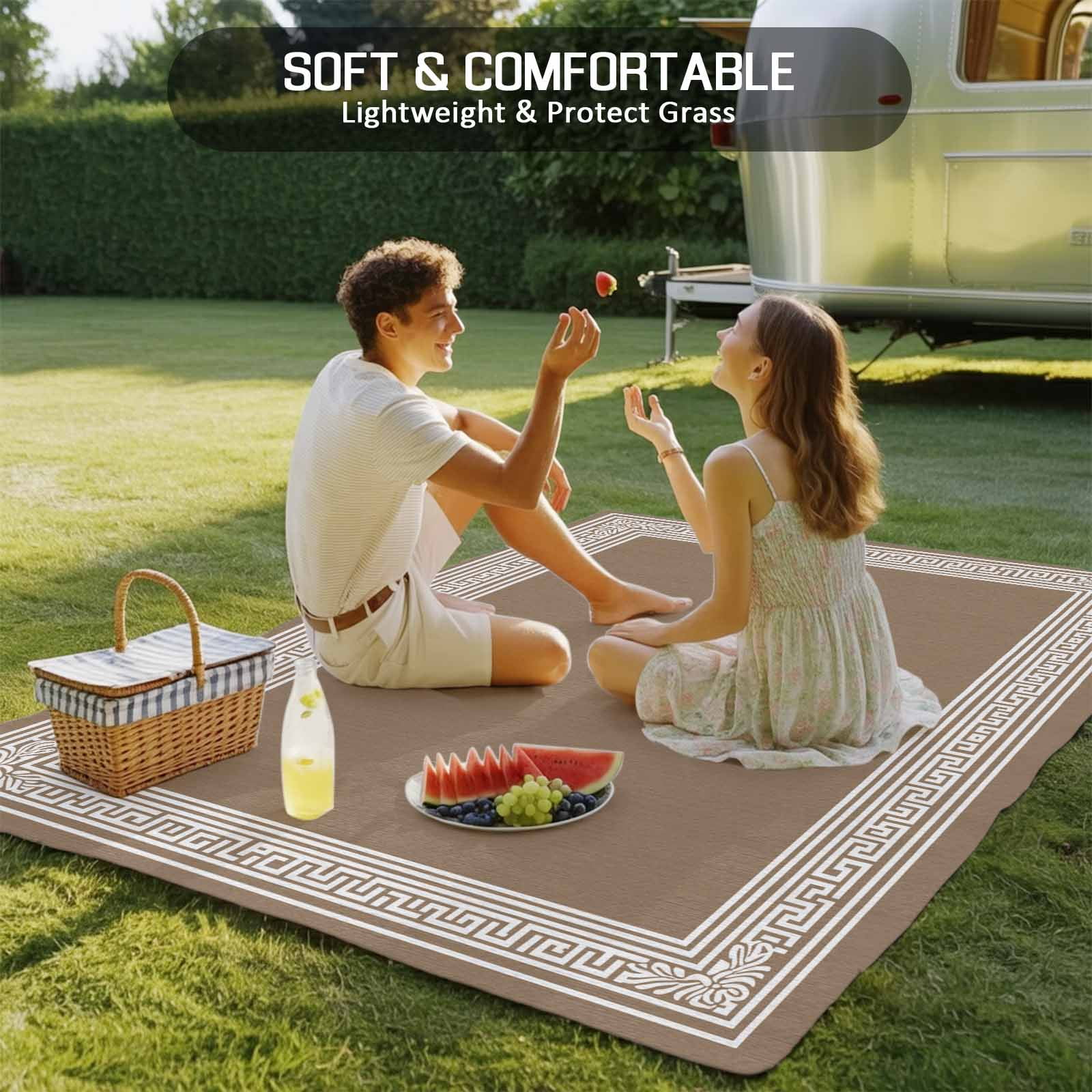 Brown Geometric Outdoor Rug 5x8 Ft - Reversible Patio Rug Outdoor Camping Rugs, Vintage Greece Key Washable Indoor Outdoor Area Rugs, Non-Slip Outdoor Carpet Runner for Deck/Porch